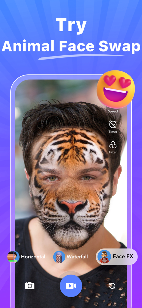 Time Warp Scan - TimeWarp - A person using the animal face swap filter in the Time Warp Scan app to transform into a tiger.