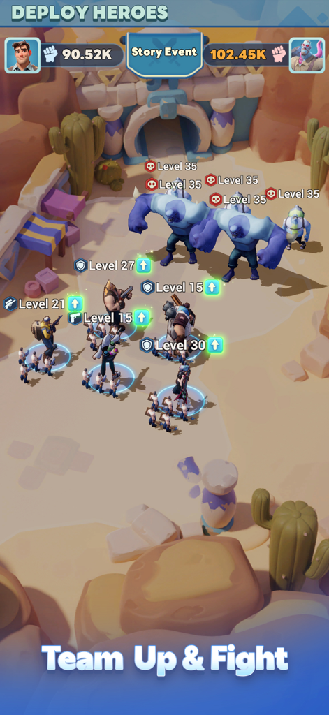 Una escena de batalla estratégica en Tiles Survive mostrando héroes y monstruos con indicadores de nivel en un escenario desértico