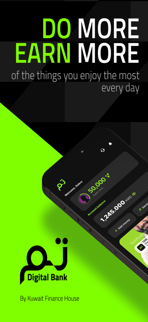 Tam - Digital Banking - Interface do aplicativo Tam Digital Banking mostrando saldo da conta e medidor de recompensas com o slogan Faça Mais Ganhe Mais.