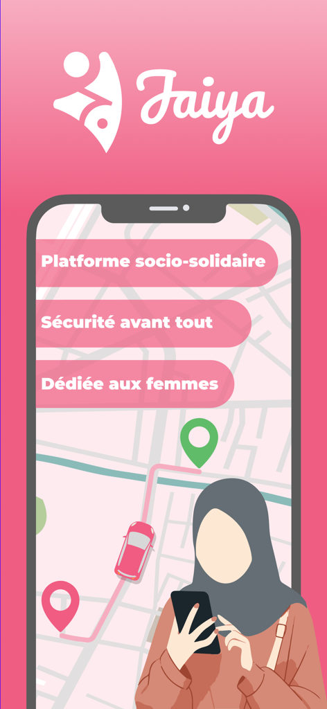 Jaiya - Jaiya app interface showing a map with safety features and text highlighting a secure mobility platform dedicated to women.
