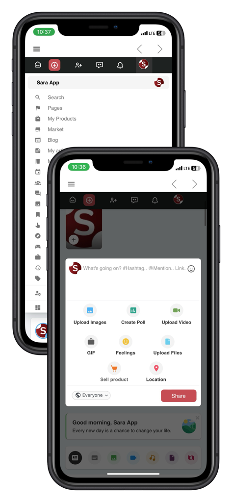 Screenshots of the Sara App showing the navigation menu and social media post creation tools including image upload and poll creation