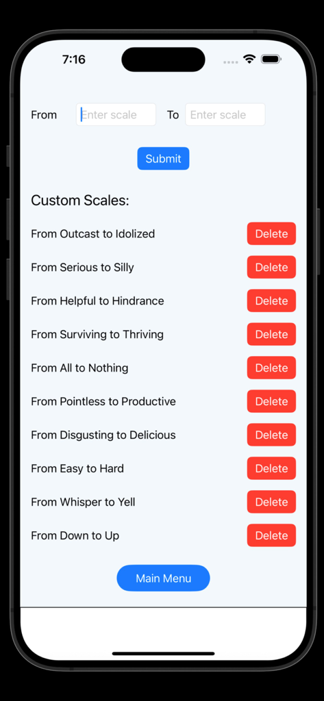 Red Flag Green Flag - Pantalla de gestión de escalas personalizadas de la aplicación Red Flag Green Flag