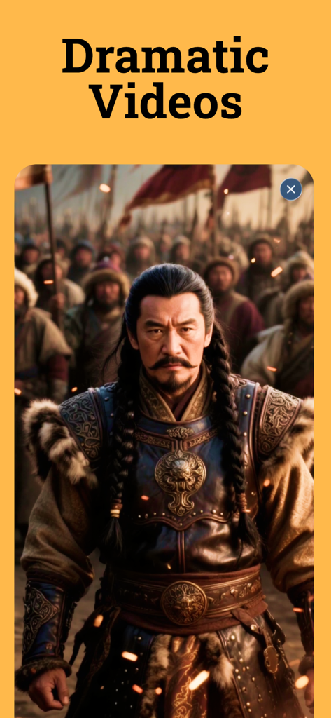 History Days: Stories & Videos - Un'anteprima video cinematografica di un guerriero asiatico storico in armatura decorata alla guida di un esercito.