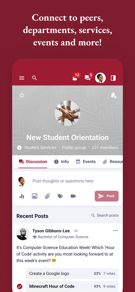 Mobile app interface of myBYUH showing a new student orientation group discussion and poll.