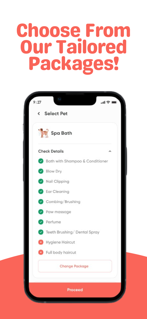 Woofly - Doorstep Grooming App - Interfaz de la aplicación móvil Woofly mostrando los detalles del paquete de peluquería para mascotas para un baño spa