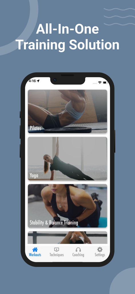 Pilates Workout Routines - Aplicación móvil Rutinas de Ejercicios de Pilates mostrando opciones de entrenamiento que incluyen Pilates, Yoga y entrenamiento de Estabilidad y Equilibrio.