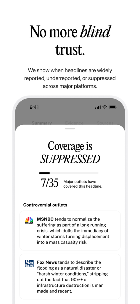 Interval News - Interval News app interface showing a media coverage indicator that identifies suppressed headlines and analyzes reporting bias from major news outlets.