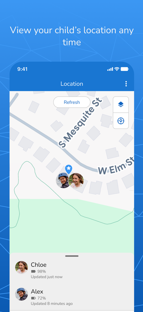 Garmin Jr app interface showing real time GPS location tracking for children on a map with battery status