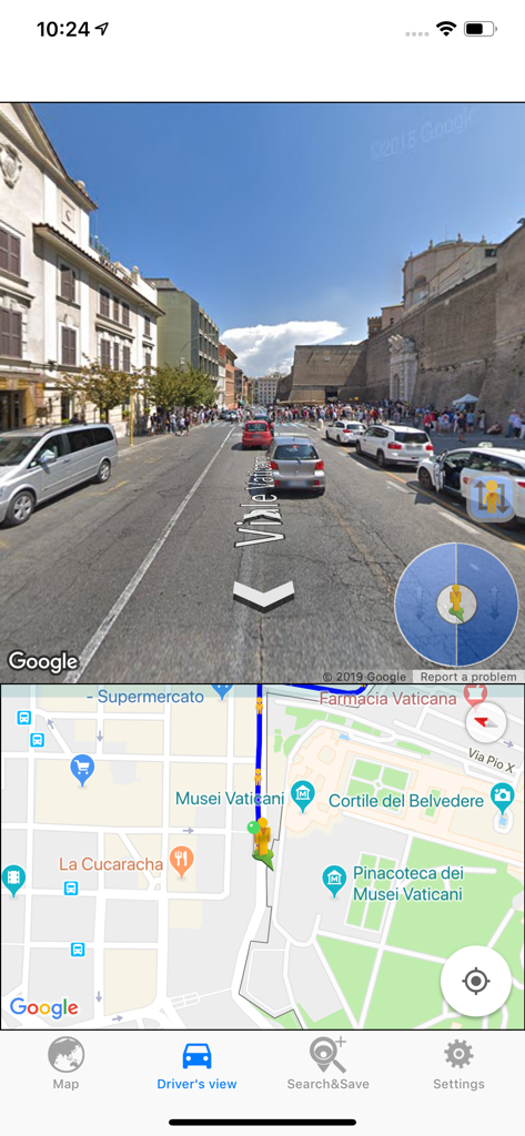 Virtual street view and map navigation interface showing a road in Rome