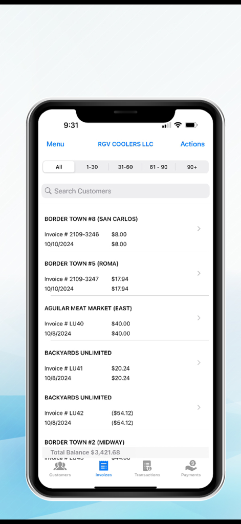 Laceup app mobile screen displaying a list of customer invoices with dates and balances
