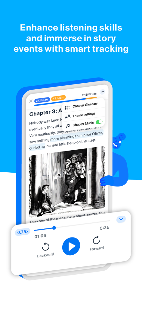 Learn English Easily - iStoria - Interfaz de la aplicación iStoria que muestra un capítulo de una historia con un reproductor de audio para practicar la escucha y la lectura.