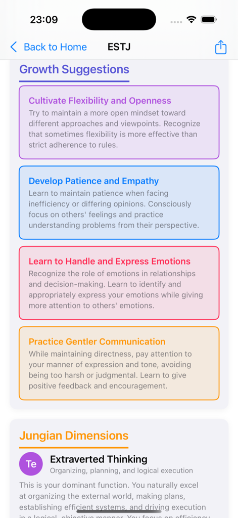 HoopMBTI app screen displaying growth suggestions and Jungian dimensions for the ESTJ personality type