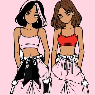 two girls with crop top with baggy pants