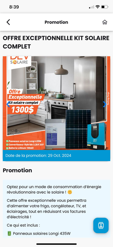 Capture d'écran d'une promotion pour un kit solaire complet sur l'application MonCongo, au prix de treize cents dollars