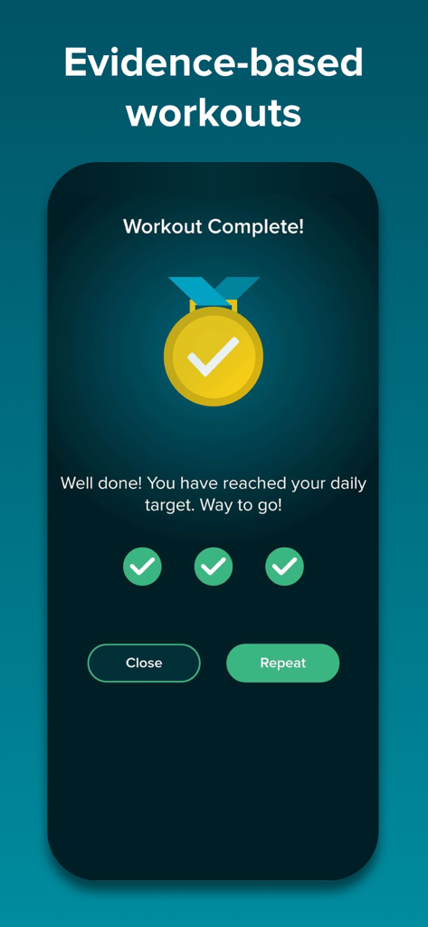 SnoreGym : Reduce Your Snoring - SnoreGym app screen showing a workout complete message with a gold medal icon and three checkmarks indicating the daily target has been reached.