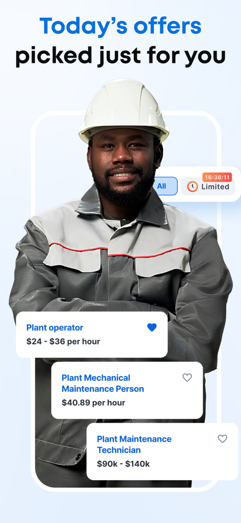 Interfaz de la aplicación Jooble que muestra ofertas de empleo personalizadas para operadores de planta y técnicos de mantenimiento.