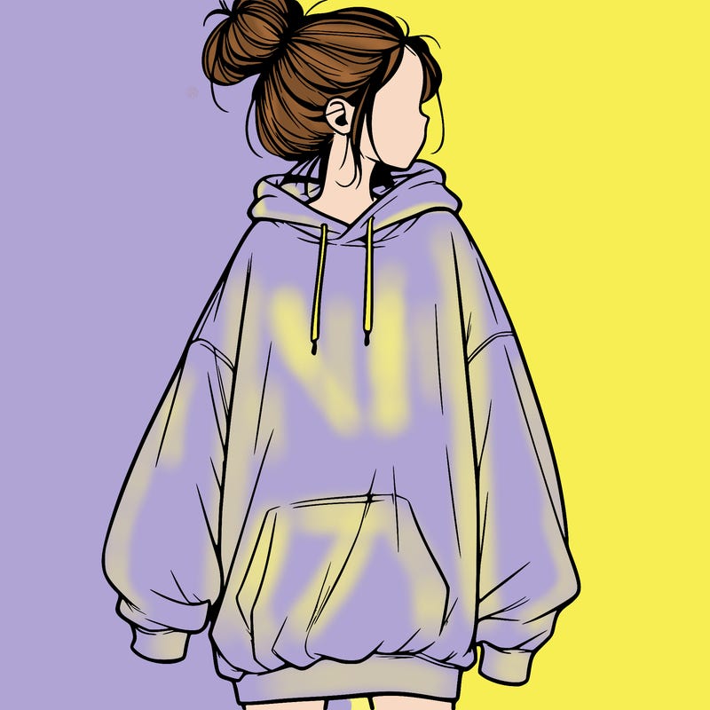 realistic girl with a oversized sweatshirt on and a bun
