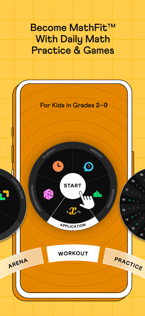 Cuemath app interface showing the MathFit daily practice wheel with categories for fluency memory reasoning application and understanding