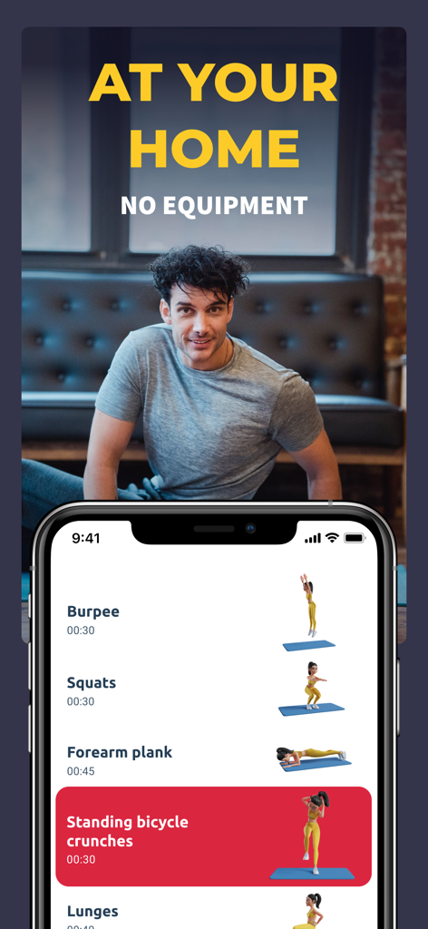 Perfect Abs: Six Pack Workouts - iPhone displaying a list of home workouts with no equipment including squats and planks