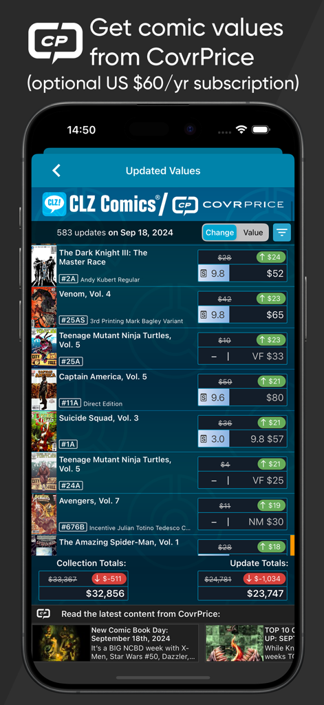 CLZ Comics collection database - CLZ Comics app interface showing comic book market values and collection totals using CovrPrice integration.
