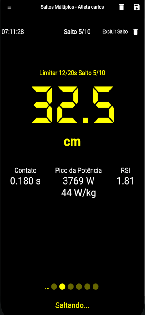 Jumptest - Dashboard of the Jumptest app showing vertical jump height measurement in centimeters along with contact time and RSI data