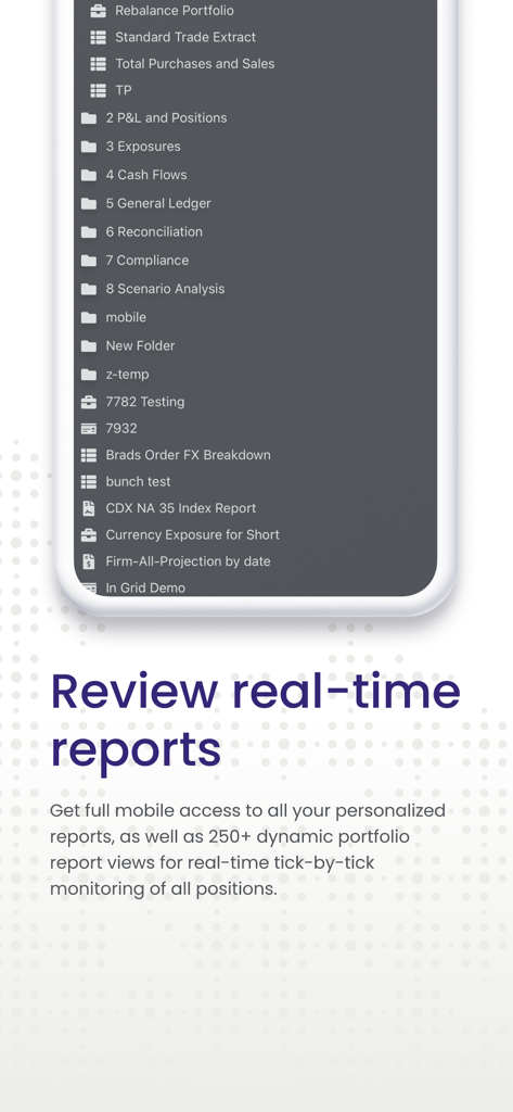 Enfusion Mobile app interface showing a list of dynamic real-time portfolio and investment reports