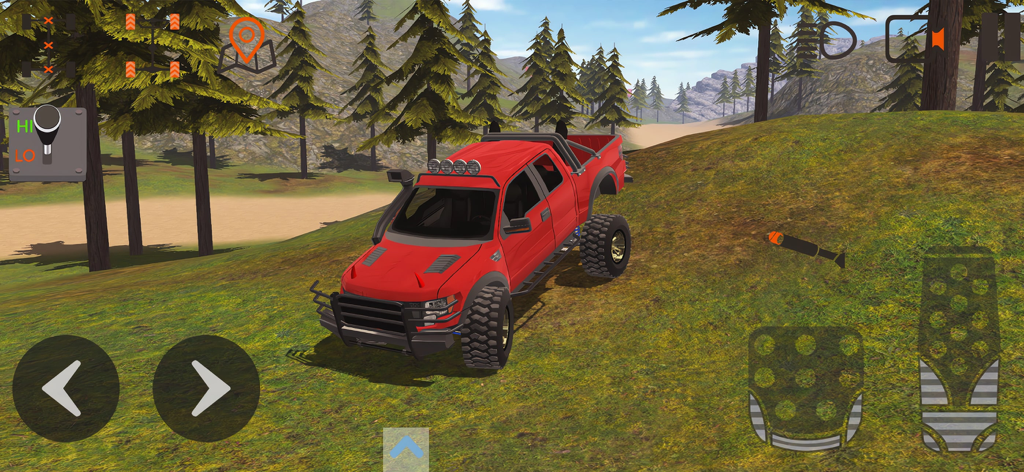 Gameplay screenshot of a customized red pickup truck navigating a grassy mountain terrain in Off-Road Kings