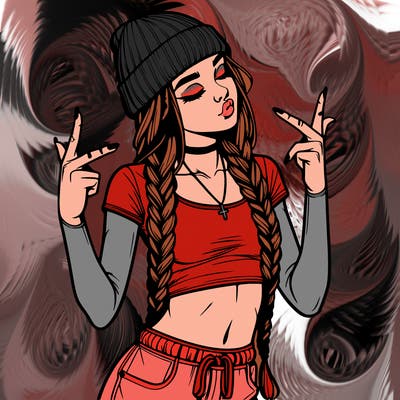 realistic teenage girl with braids and a beanie and crop top doing 🫶🏼