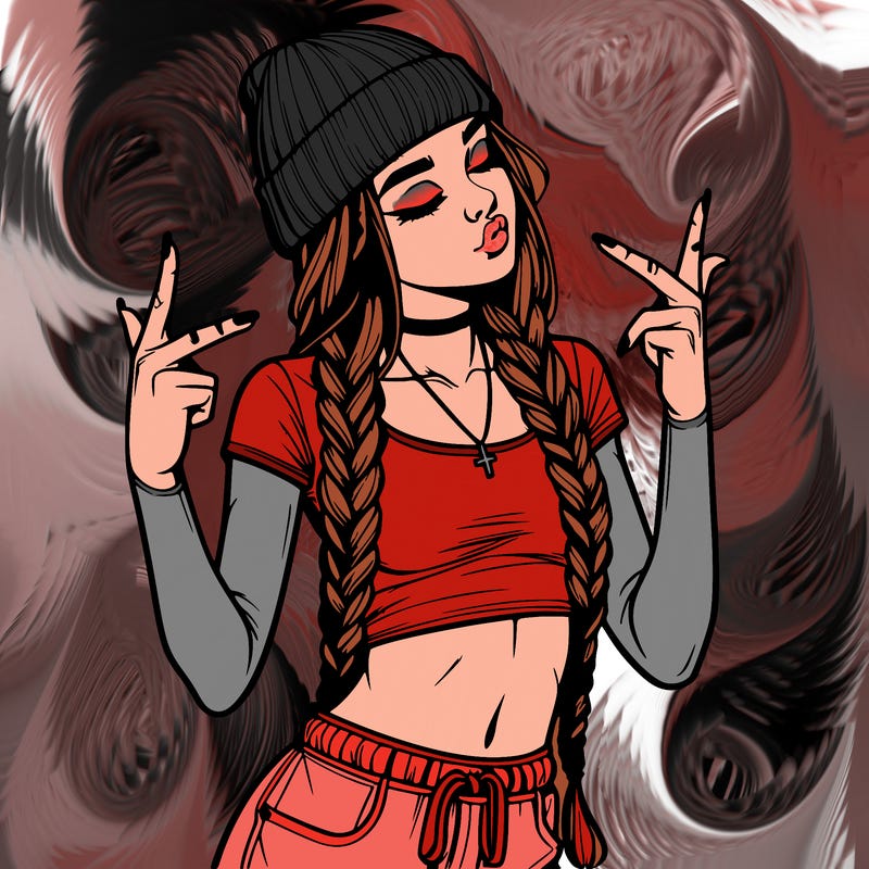 realistic teenage girl with braids and a beanie and crop top doing 🫶🏼