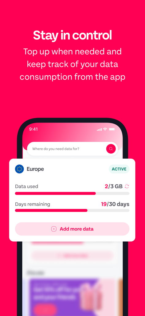 GoMoWorld app interface showing data consumption and remaining days for an active Europe eSIM plan