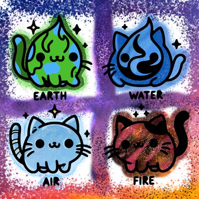 4 cats that represent the different elements, earth, water, air, and fire