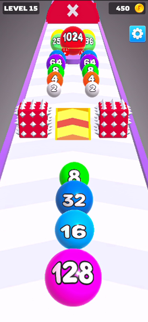 Gameplay of Ball Merge 3D showing numbered balls moving on a 3D track with obstacles.