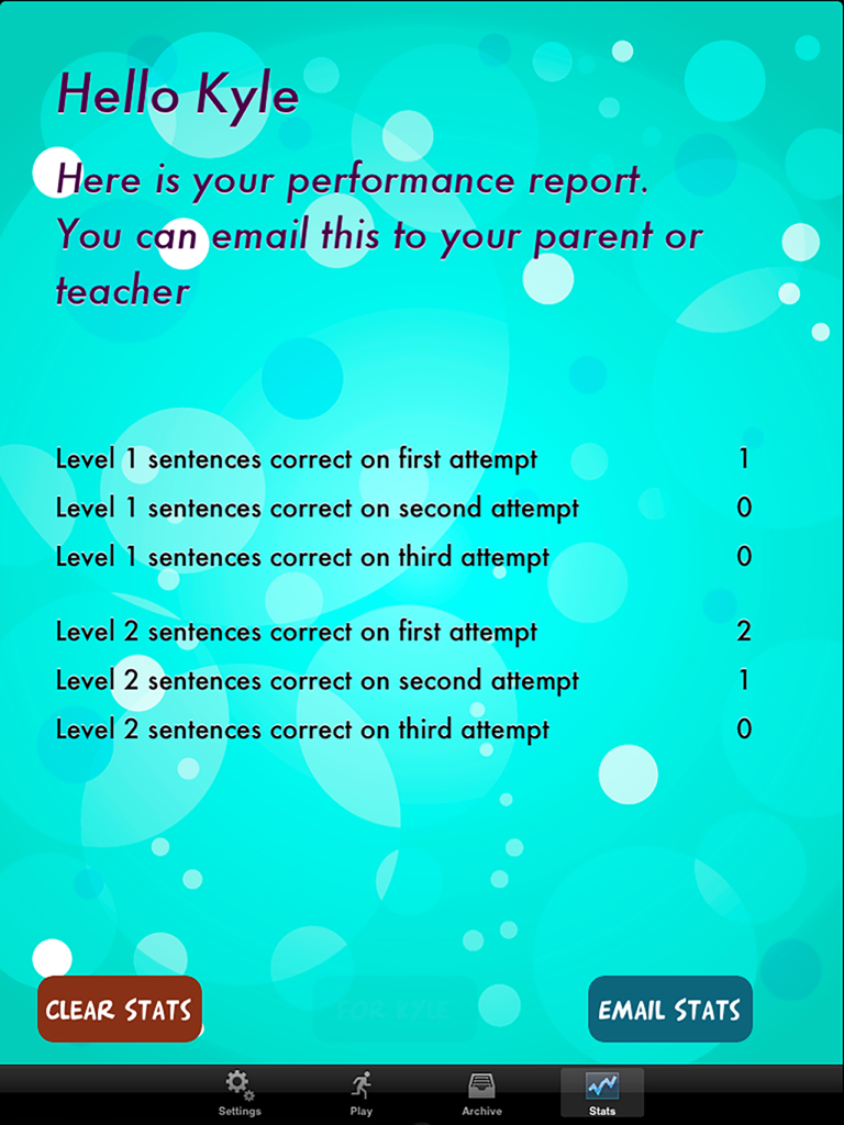 TenseBuilder - TenseBuilder app performance report screen showing student statistics for verb tense exercises