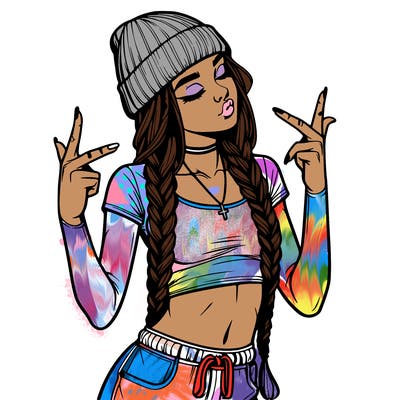realistic teenage girl with braids and a beanie and crop top doing 🫶🏼