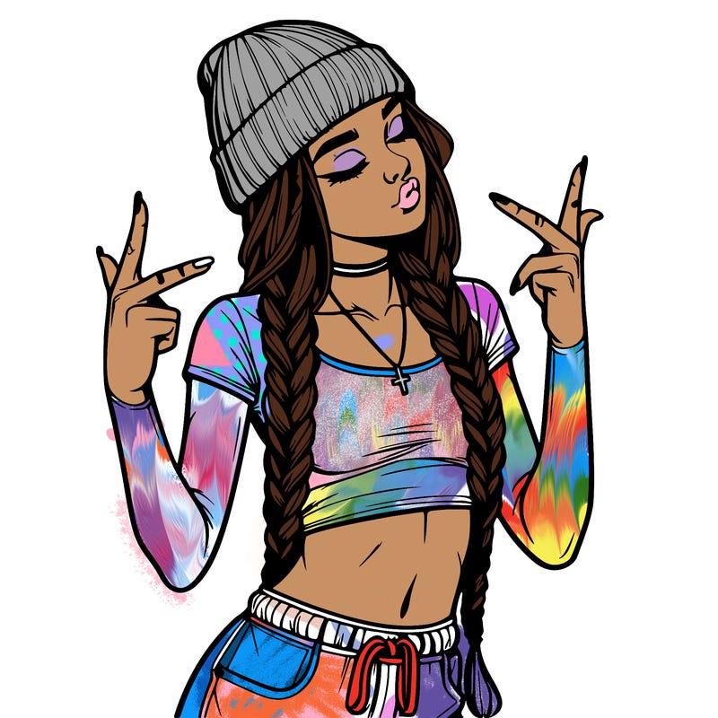 realistic teenage girl with braids and a beanie and crop top doing 🫶🏼