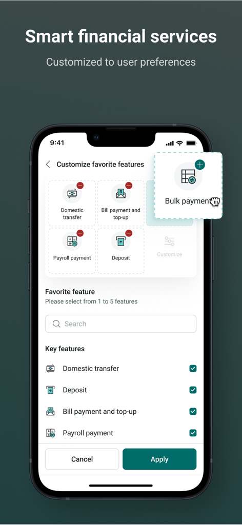 BIDV Direct - BIDV Direct mobile app interface for customizing business banking favorite features like payroll and bulk payments