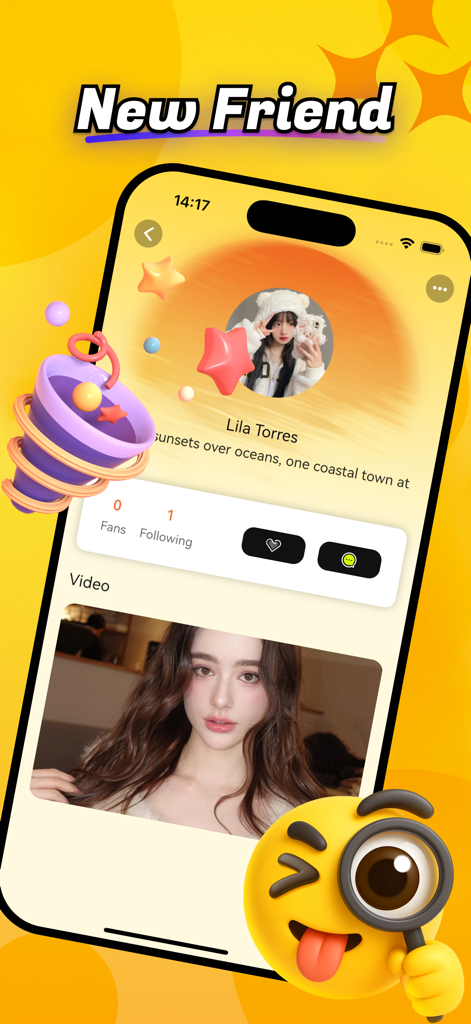 A user profile screen in the Jourry app titled New Friend featuring a profile picture, bio, and video content.