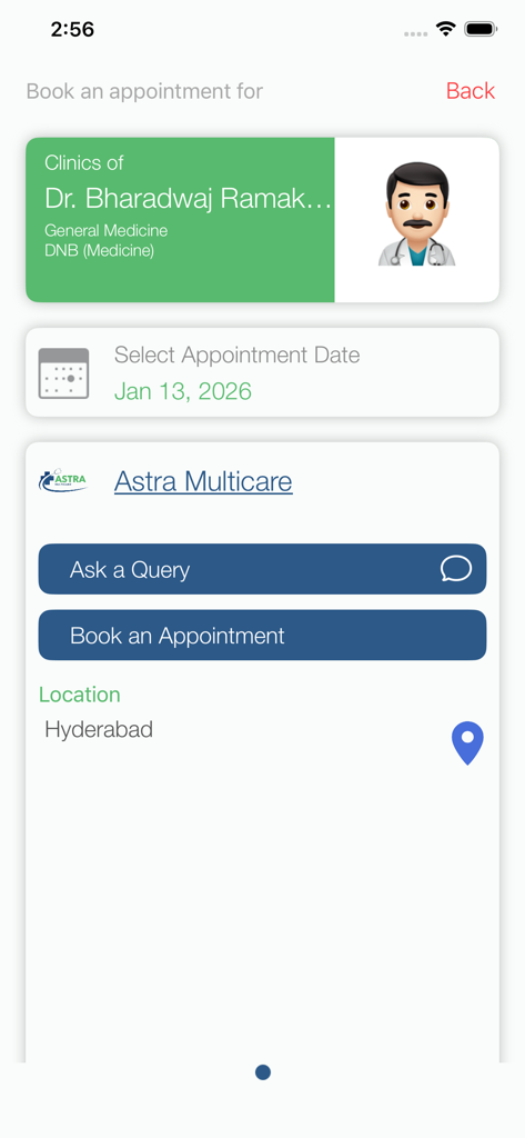 Astra Multicare - Interfaccia mobile dell'app Astra Multicare per prenotare un appuntamento con un medico