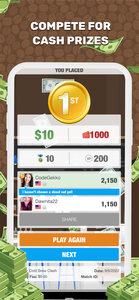 Erster Platz Gewinnbildschirm in Coffee Fanatic Blackout Bingo mit Bargeldpreisen und Spieler-Ranglisten