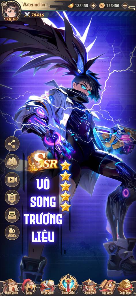 Mukbang Tam Quốc - Vplay - Full body display of a 5-star SSR character with a cyberpunk design in Mukbang Tam Quoc mobile game