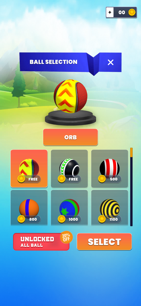 Rolling Sky: Balls Racing Game - Rolling Sky에서 독특한 공 스킨을 선택하고 잠금 해제하기 위한 게임 내 메뉴.