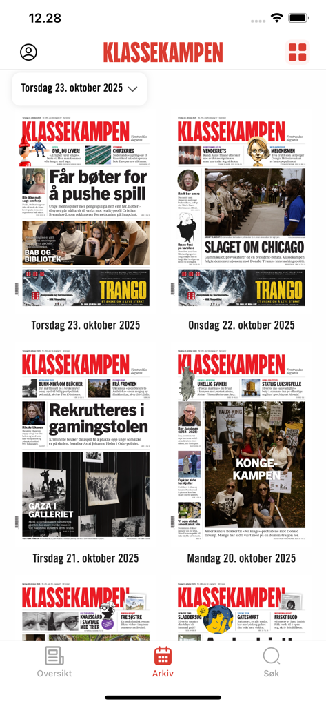 Klassekampen - Klassekampen新聞のデジタル版のアーカイブ。日付順に整理されたいくつかのフロントページが表示されています。