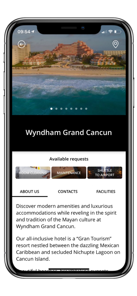 Wyndham Grand Cancun - App mobile Wyndham Grand Cancun che mostra informazioni sul resort e richieste disponibili per gli ospiti per la pulizia della camera e la manutenzione