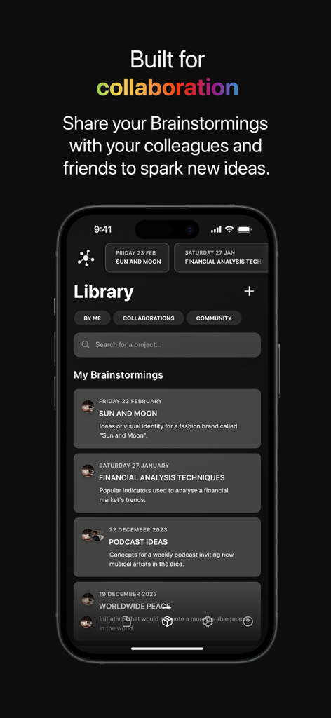 iPhone上のさまざまなクリエイティブなトピックとコラボレーションオプションを示す、Brainstormingアプリのプロジェクトライブラリインターフェース。