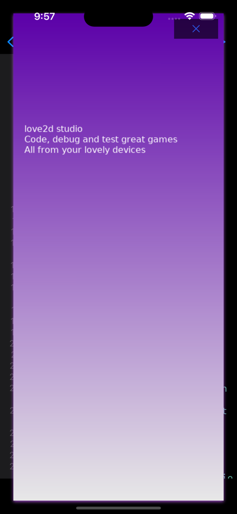 Love2D Studio Intro-Bildschirm, der Funktionen zur mobilen Spieleentwicklung zeigt
