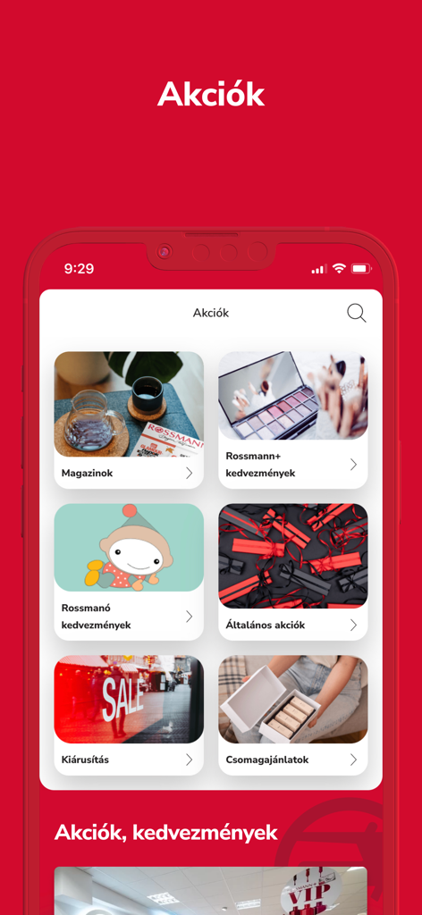 Rossmann - Rossmann mobile app showing promotion categories like loyalty discounts and clearance sales