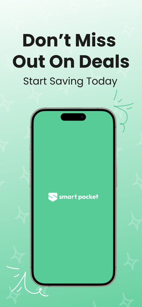 smartpocket.me - Smartphone screen showing the SmartPocket logo with the text Don't Miss Out On Deals Start Saving Today.