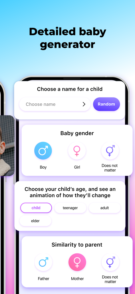 Baby Generator: AI Face Mix - Screenshot of the Baby Generator app showing options to choose name gender age and parent similarity.