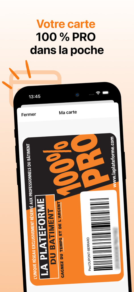 Smartphone screen showing a digital professional membership card with a barcode for builders
