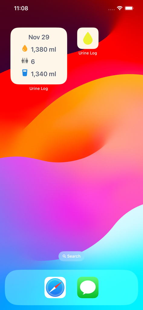 Urine Log - Pantalla de inicio del iPhone que muestra el icono de la aplicación Diario de Orina y un widget con datos diarios de volumen de orina, frecuencia e ingesta de líquidos.